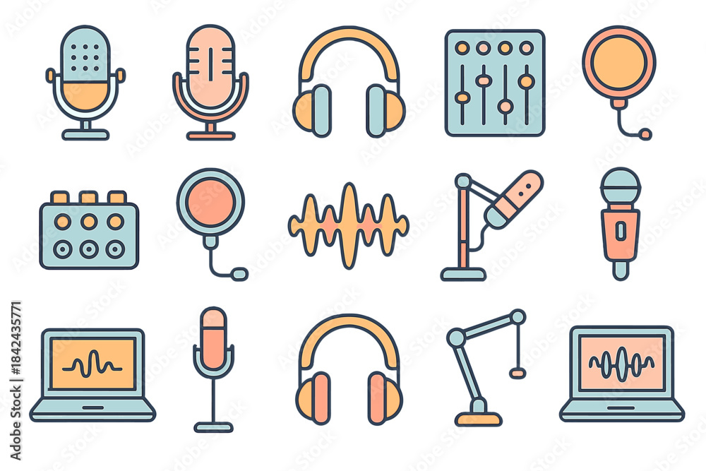 Obraz premium Collection of audio equipment icons featuring microphones, headphones, and sound mixers for music production