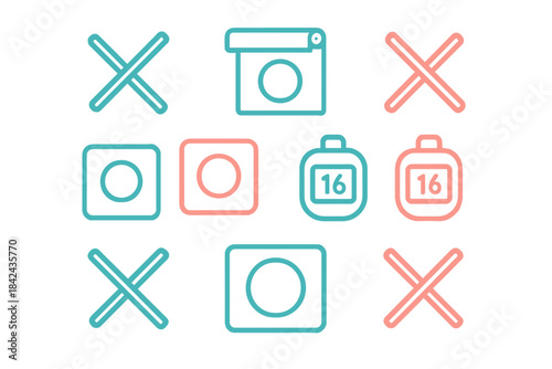 Colorful tic-tac-toe grid with circles, crosses, and timers in playful design layout