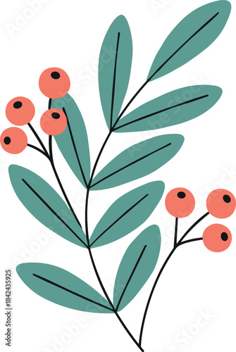 Minimal Botanical Branch with Red Berries and Green Leaves Flat Vector Illustration