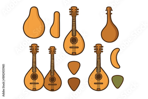 Various string instruments and their parts laid out for assembly in a workshop setting