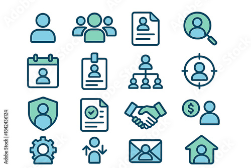 Icons representing various aspects of human resources and management processes for effective organization and teamwork