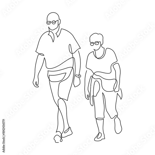 Elderly couple walking one line illustration