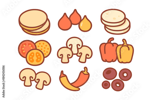 Colorful illustration of various food items including vegetables, fruits, and baked goods on a bright background