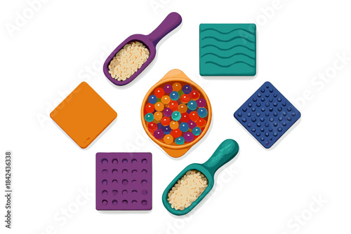 Colorful tactile sensory play mats and scoops set up for children to explore textures and shapes during activity time