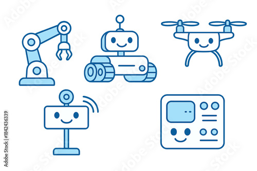 Various friendly robots and devices showcase modern technology in a fun and engaging manner