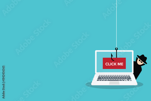 Click me bait used by scammer, hacker trying to steal confidential data, personal information and credit card detail a laptop computer.	