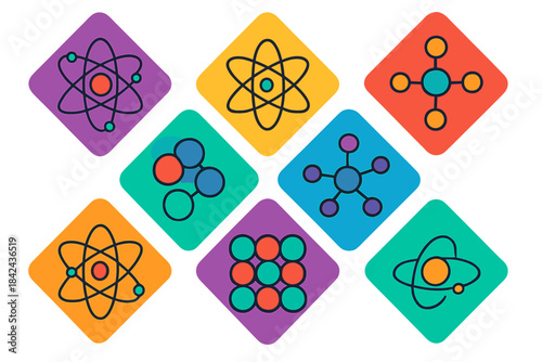 Colorful graphic design featuring various scientific symbols and shapes representing atoms and molecules