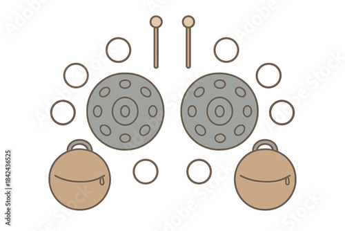 Unique collection of musical instruments including cymbals and drums displayed in an artistic arrangement