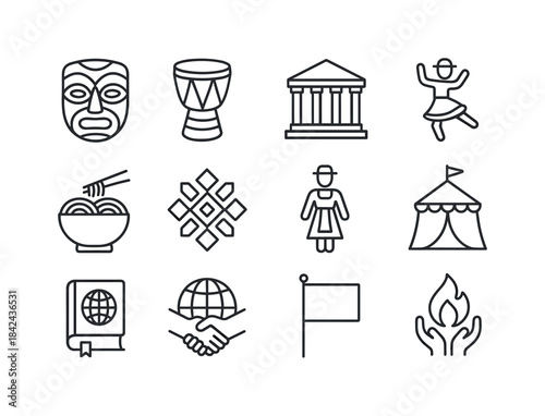 Global Cultural Icons. Global cultures. Line icon set of Global