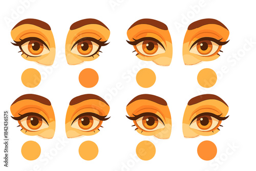 Colorful eye makeup tutorial steps for achieving a warm, radiant look on a light background