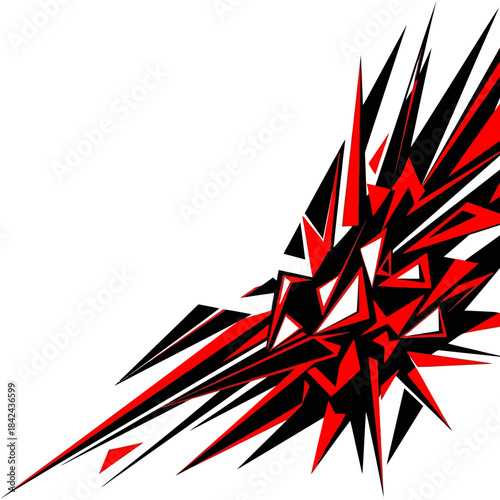 A dynamic abstract design with sharp red and black geometric shapes on a white background, creating a spiky and energetic visual.