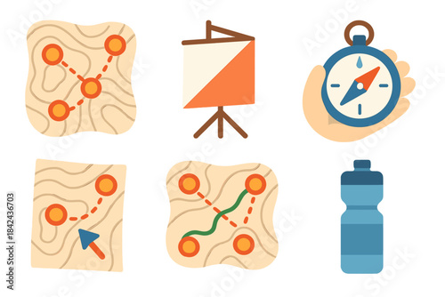 Maps, compass, and water bottle for outdoor adventure planning and navigation