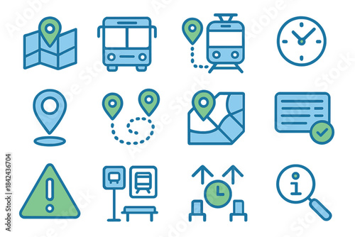 Navigating public transportation options with maps, schedules, and timing icons for effective travel planning