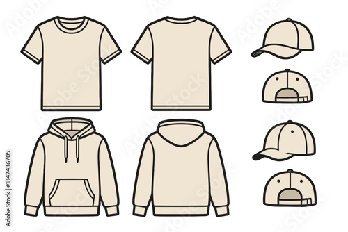 Casual clothing layout with t-shirts, hoodies, and caps for summer fashion planning