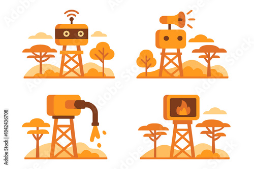 Colorful illustration of communication towers and their functions in a serene landscape with trees and clouds during daylight