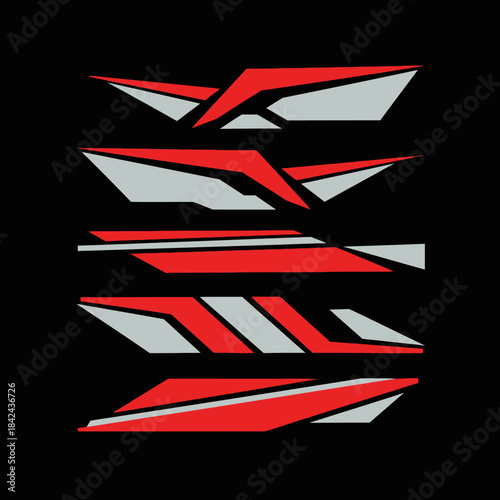 Set of dynamic red and grey abstract geometric car body side decals on black background.