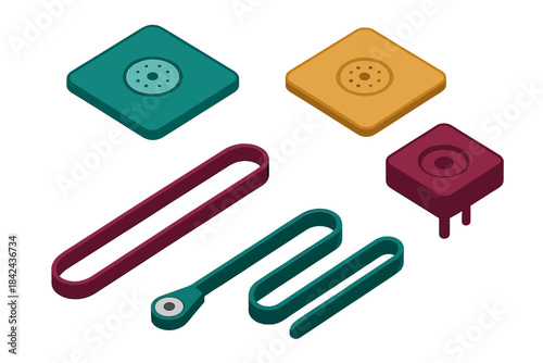 Colorful kitchen accessories and tools displayed on a white background for home cooking and baking enthusiasts