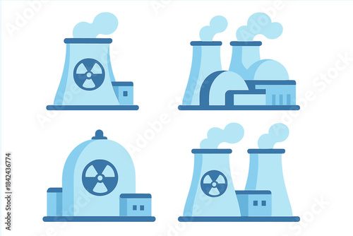 Different designs of nuclear power plants with cooling towers and smoke emissions in a modern style