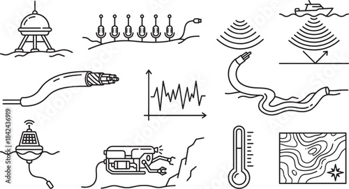 Oceanographic research vector icons set with underwater sensors cables and temperature measurement