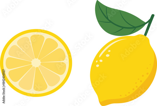 Vector illustration of a fresh yellow lemon and slice, whole fruit with leaf, healthy citrus design element