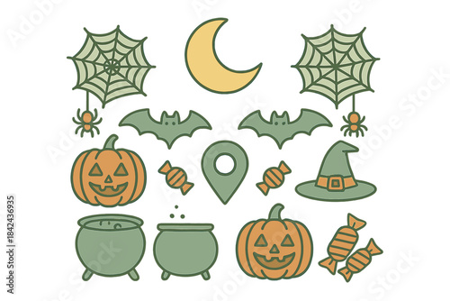 Halloween themed illustrations featuring pumpkins, bats, candy, and spider webs in autumn colors