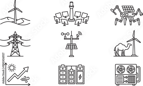 Renewable energy and smart grid technology outline icons set wind power