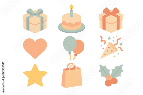 Celebration elements with gifts, cake, and festive decorations for joyful occasions