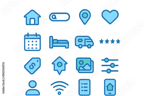 Icon collection representing various symbols related to home, travel, and personal activities in a modern design style