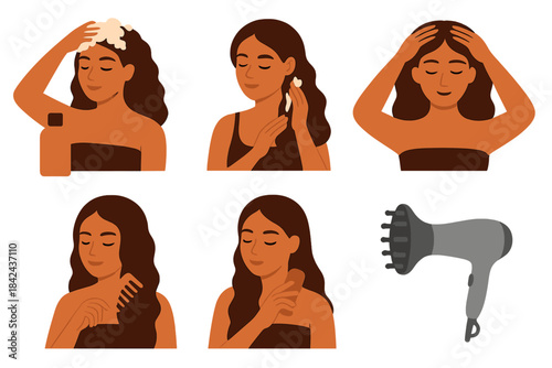 Hair care routine featuring washing, conditioning, and drying steps for healthy hair maintenance at home