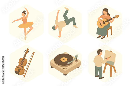 Different artistic activities showcase various talents through dance, music, and painting in a creative environment