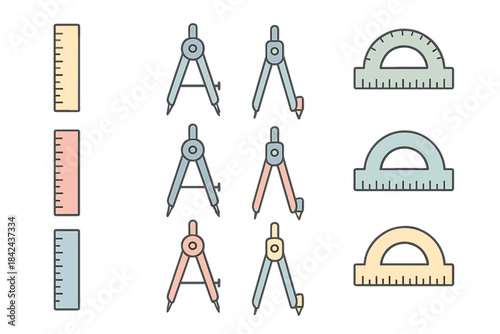 Tools for measurement including rulers, compasses, and protractors used in drafting and design activities