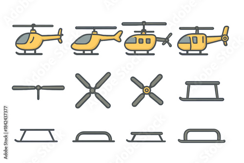Various helicopter designs and components in yellow and gray colors with detailed rotors displayed in a flat layout