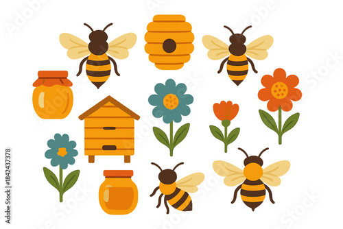 Colorful bee illustrations with honey jars, flowers, and a hive for a fun nature-themed design