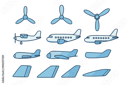 Collection of various airplane designs and propeller illustrations in light blue color