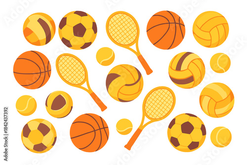 Various sports balls and rackets displayed in a colorful arrangement with a light background
