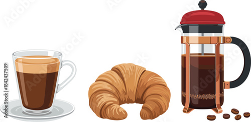 Vector illustration of coffee cup, french press, and croissant, breakfast or cafe beverage and pastry
