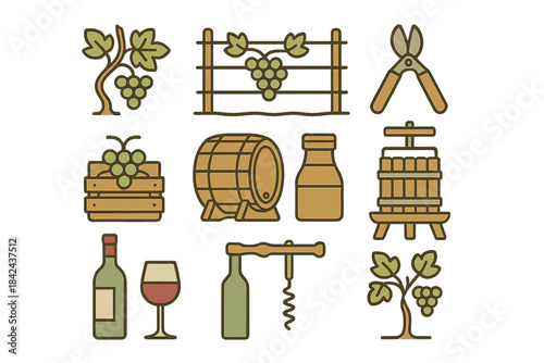 Collection of vineyard illustrations showcasing grapes, wine tools, and barrels for wine production and enjoyment