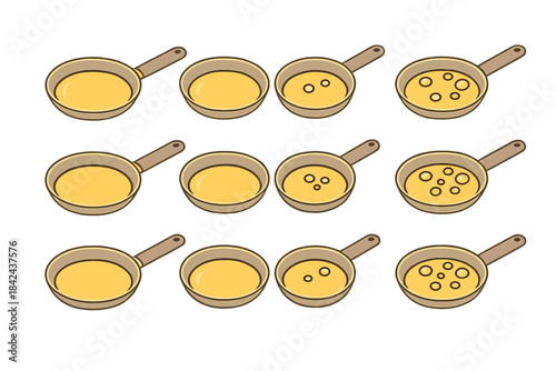 Pans filled with different amounts of batter ready for cooking pancakes in a cozy kitchen setting