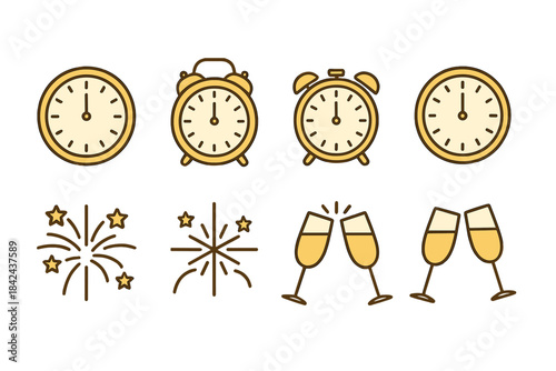 Celebrating the countdown to midnight with clocks, fireworks, and glasses of champagne for New Year?s Eve