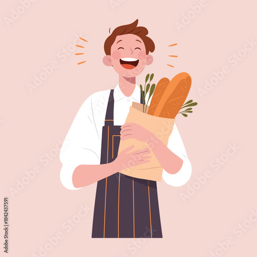 Smiling young baker wearing an apron and holding a paper bag with fresh baguettes and herbs. Vector illustration for bakery branding, culinary themes, food industry design, and promotional materials.