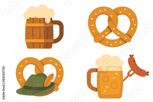 Beer, pretzels, and sausage in a cheerful festive gathering setting during a traditional event
