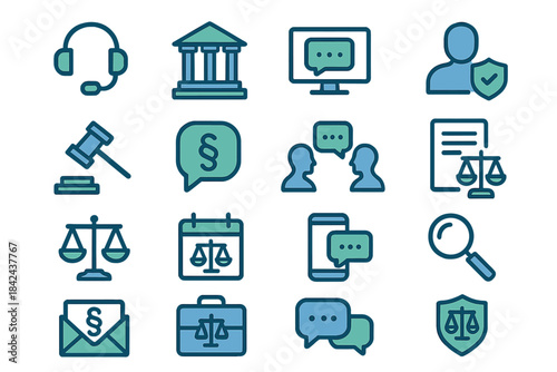 Various legal icons depicting communication, justice, and court activities in a modern digital context