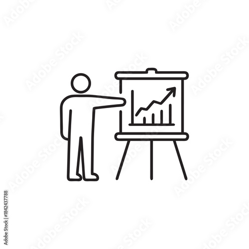 Business presentation with person pointing at growing profit chart line icon black and white vector illustration