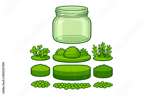 Creative illustration of a jar surrounded by various green plants and textures, showcasing a vibrant design for gardening enthusiasts