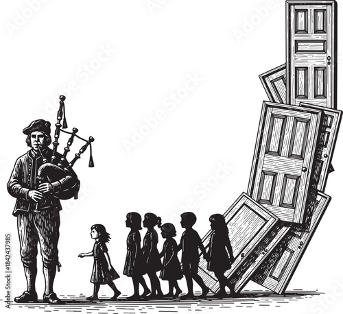 Engraved Illustration of Pied Piper Leading Children with Domino