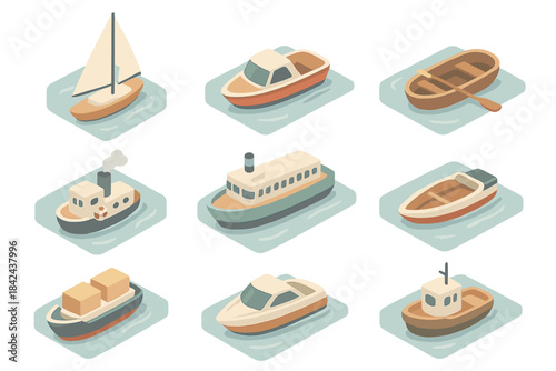 Different types of boats and ships on water in a simple illustrated style for educational purposes