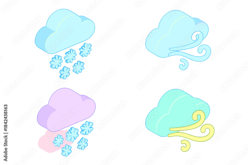 Obraz premium Colorful cartoon clouds with snow, wind, and varying shades reflecting different weather conditions