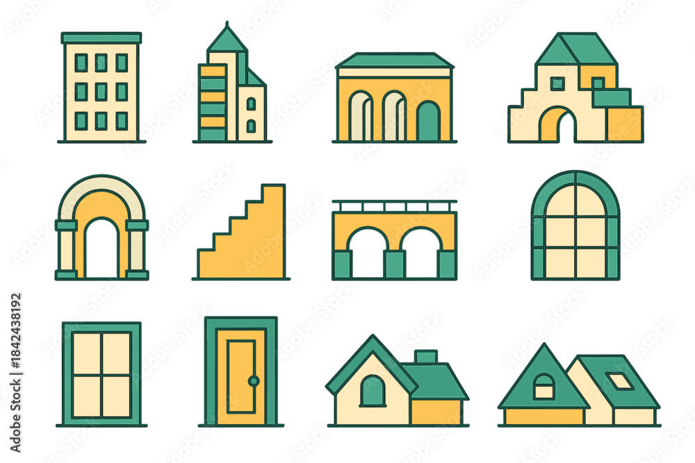 Fototapeta premium Various architectural designs showcasing buildings, windows, and doorways in a simplified style