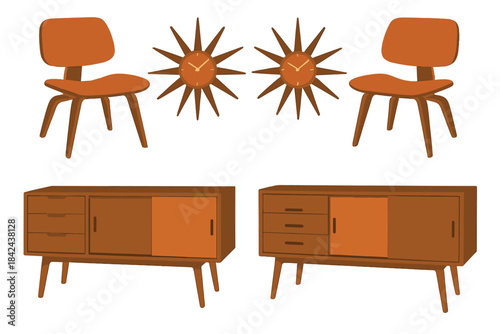 Stylish mid-century furniture with chairs and clocks, ideal for modern homes and interior design projects