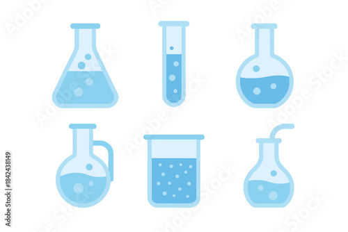 Different types of laboratory glassware including flasks and beakers for scientific experiments and research work